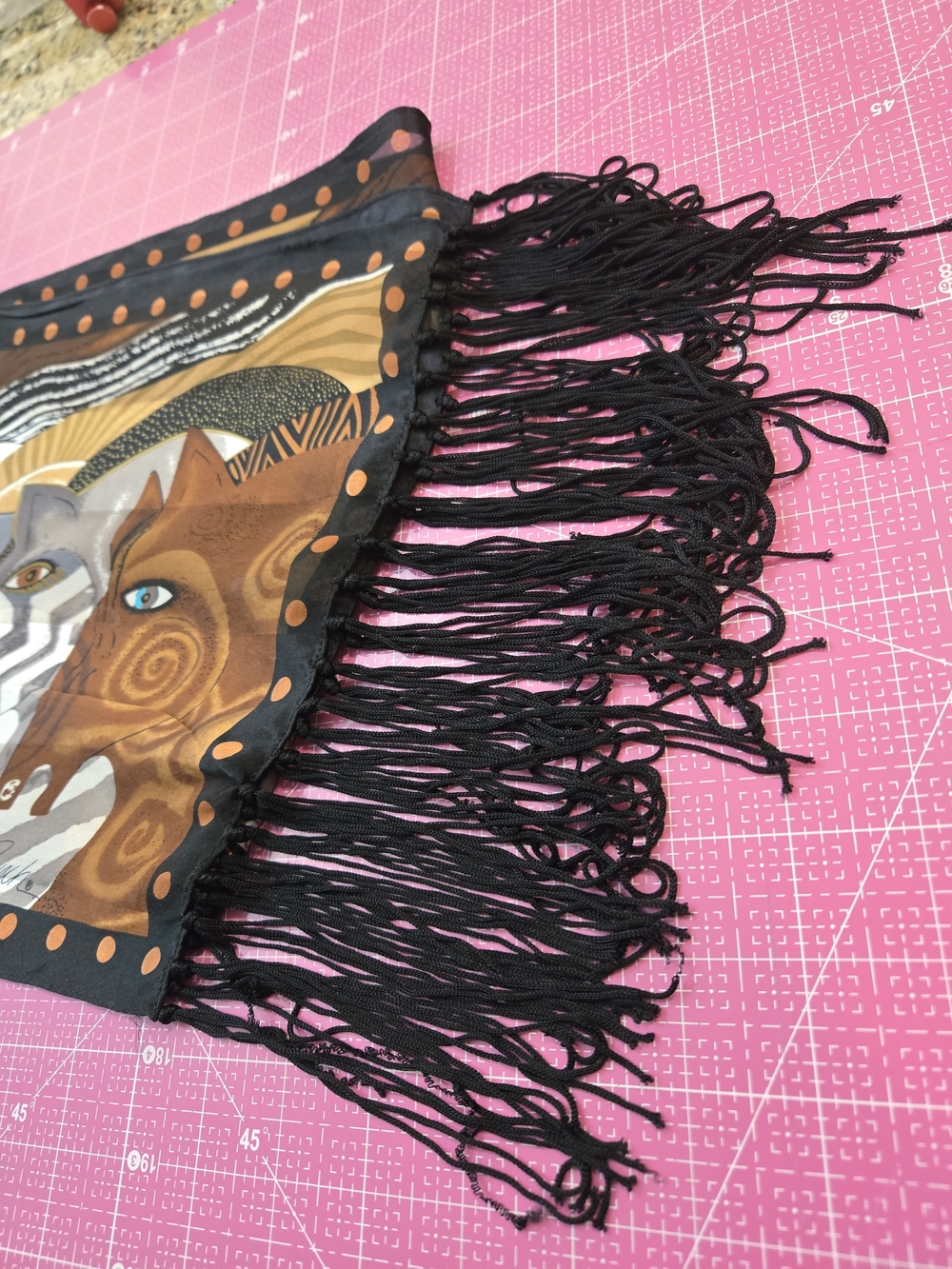 Laurel Burch SILK Abstract Floral Fringe Scarf in Black, Brown, Gold - Picture 4 of 9